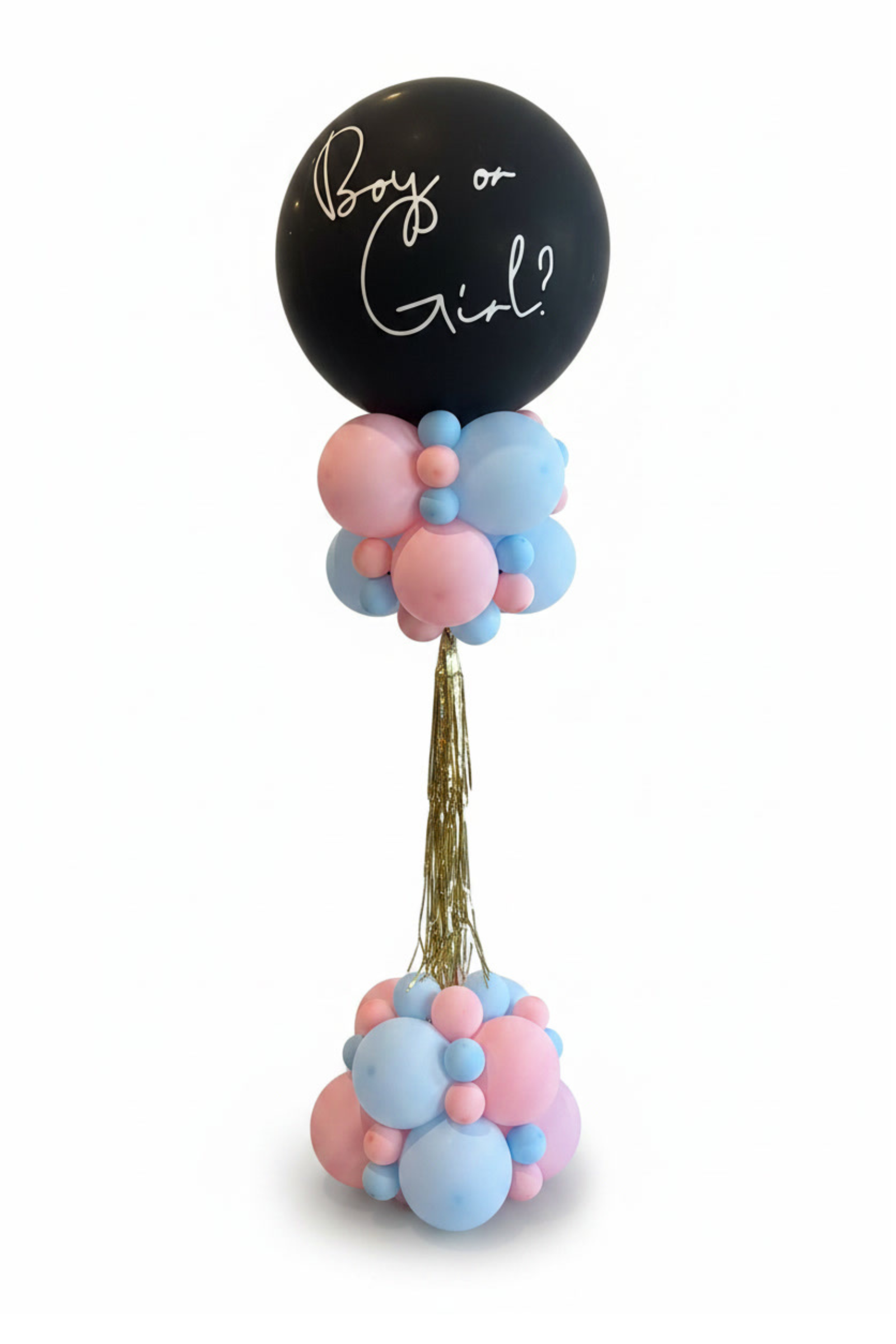 Balloon pillar with 'Boy or Girl?' question on a black balloon against a white background