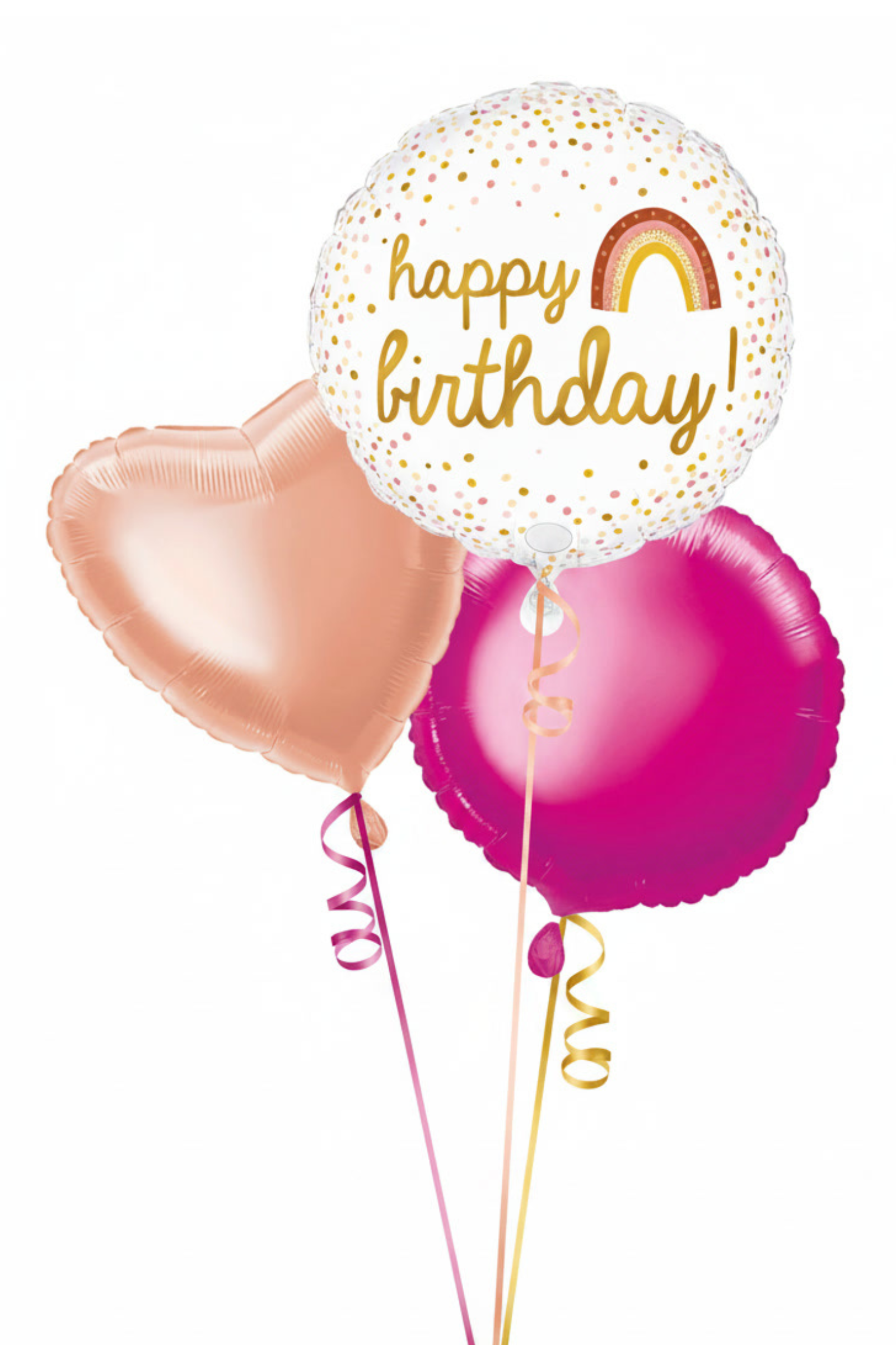 Three colorful balloons with 'happy birthday!' text on a white background