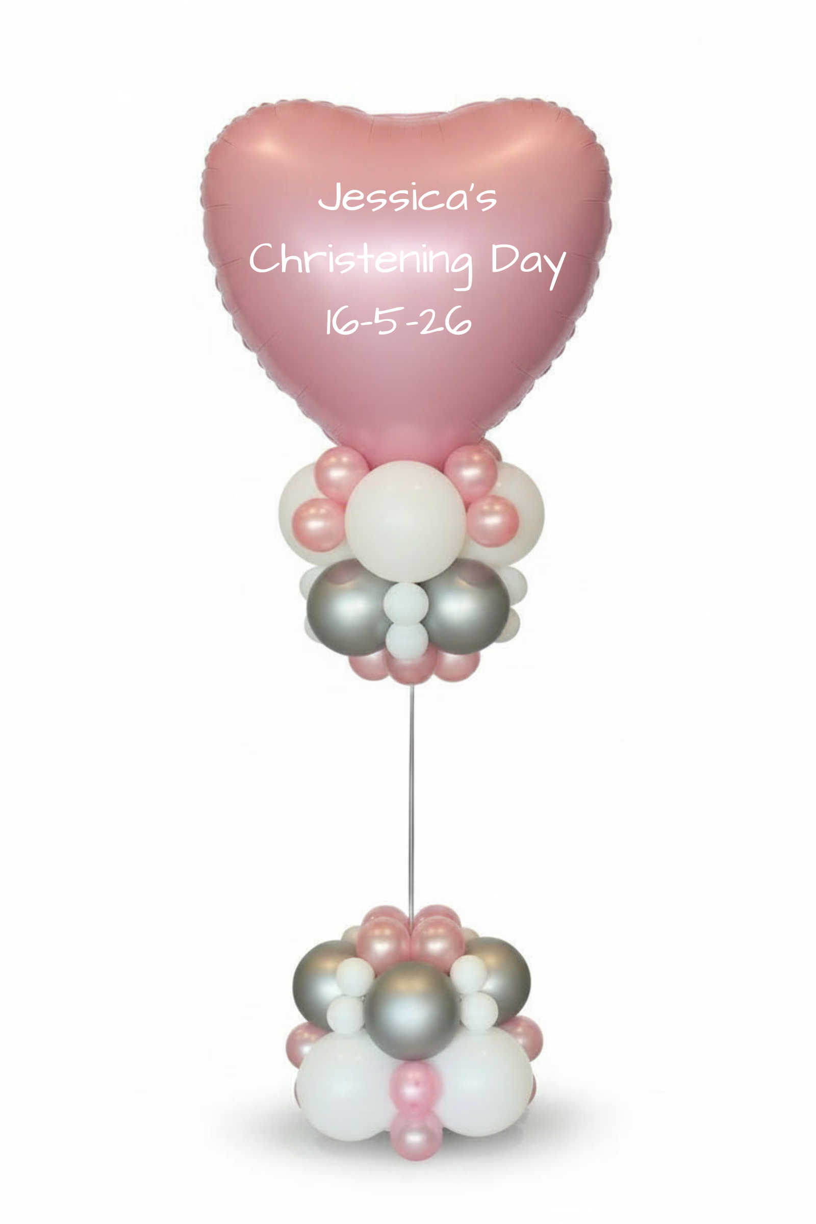 Balloon arrangement with a heart-shaped pink balloon for Jessica's Christening Day on a white background