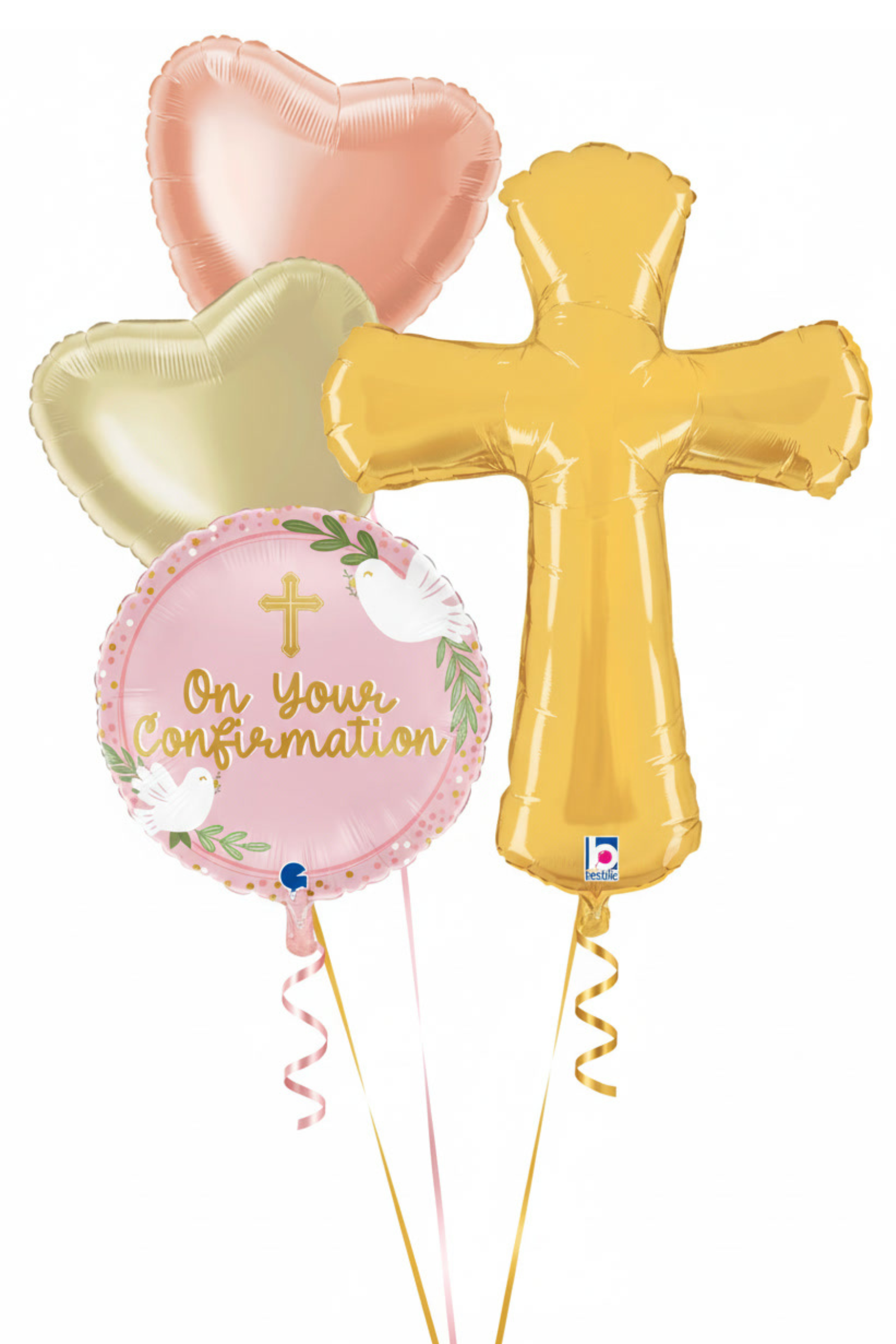 Balloon bouquet with cross and heart shapes, featuring 'On Your Confirmation' text.