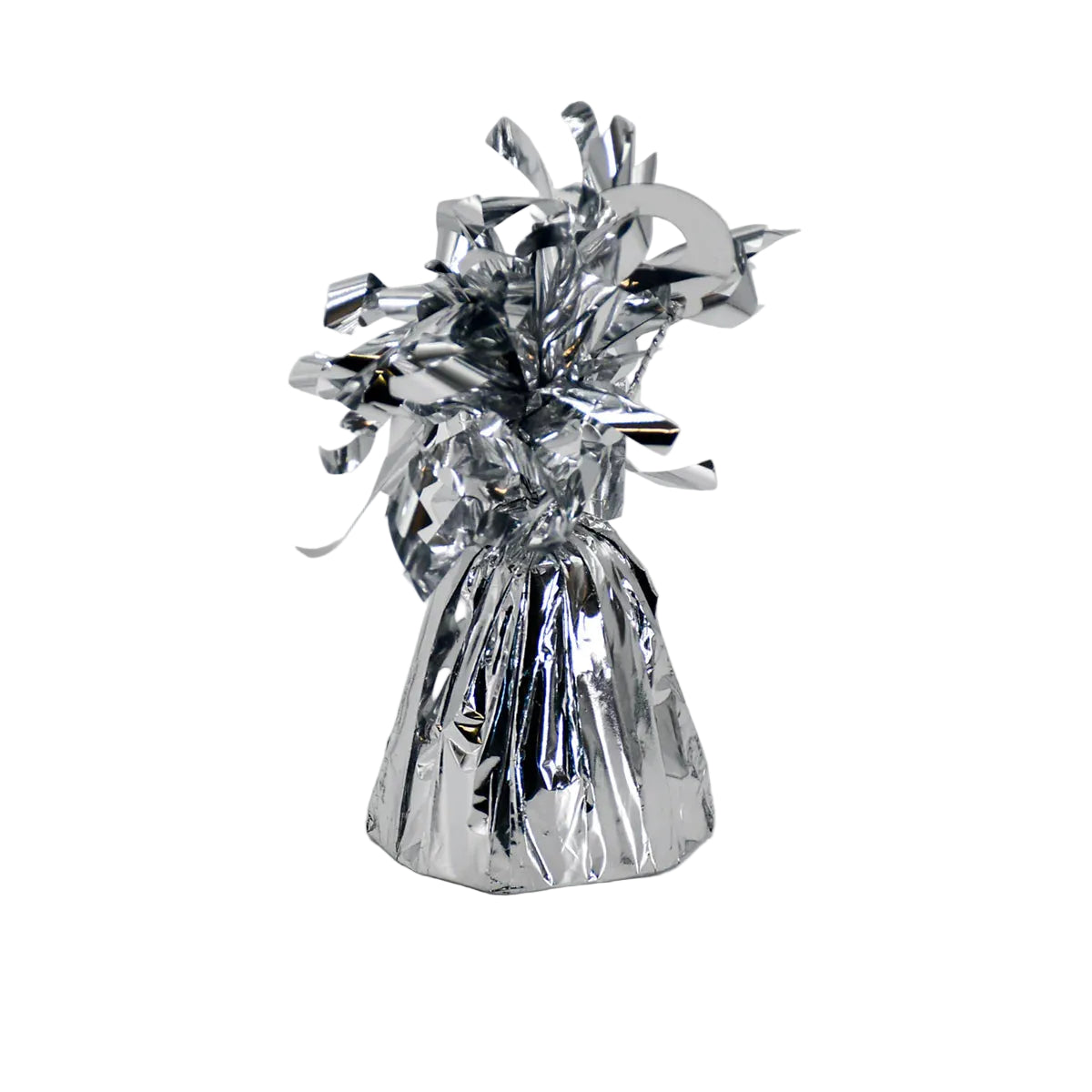 Silver foil balloon weight on a white background