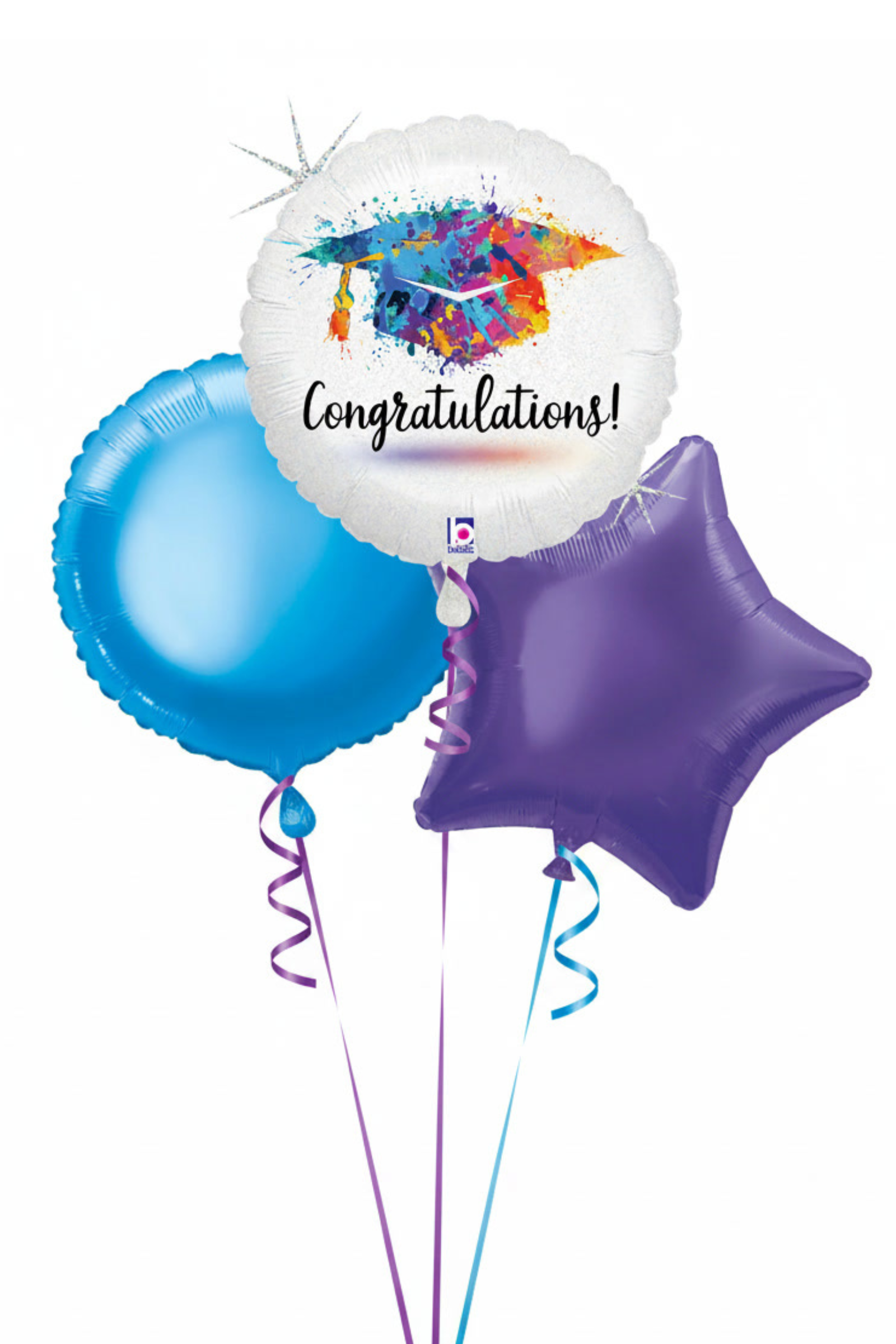 Graduation-themed balloons with colorful cap design and 'Congratulations!' text on a white background.