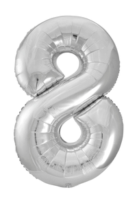 Silver number 8 balloon on a white background