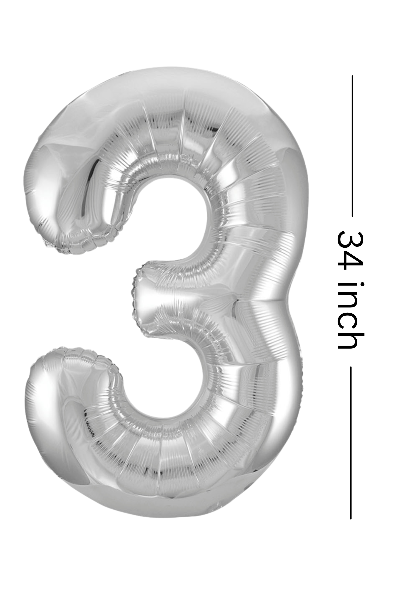 Silver number 3 balloon with a measurement label indicating it is 34 inches tall on a white background.