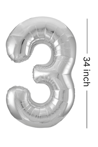 Silver number 3 balloon with a measurement label indicating it is 34 inches tall on a white background.