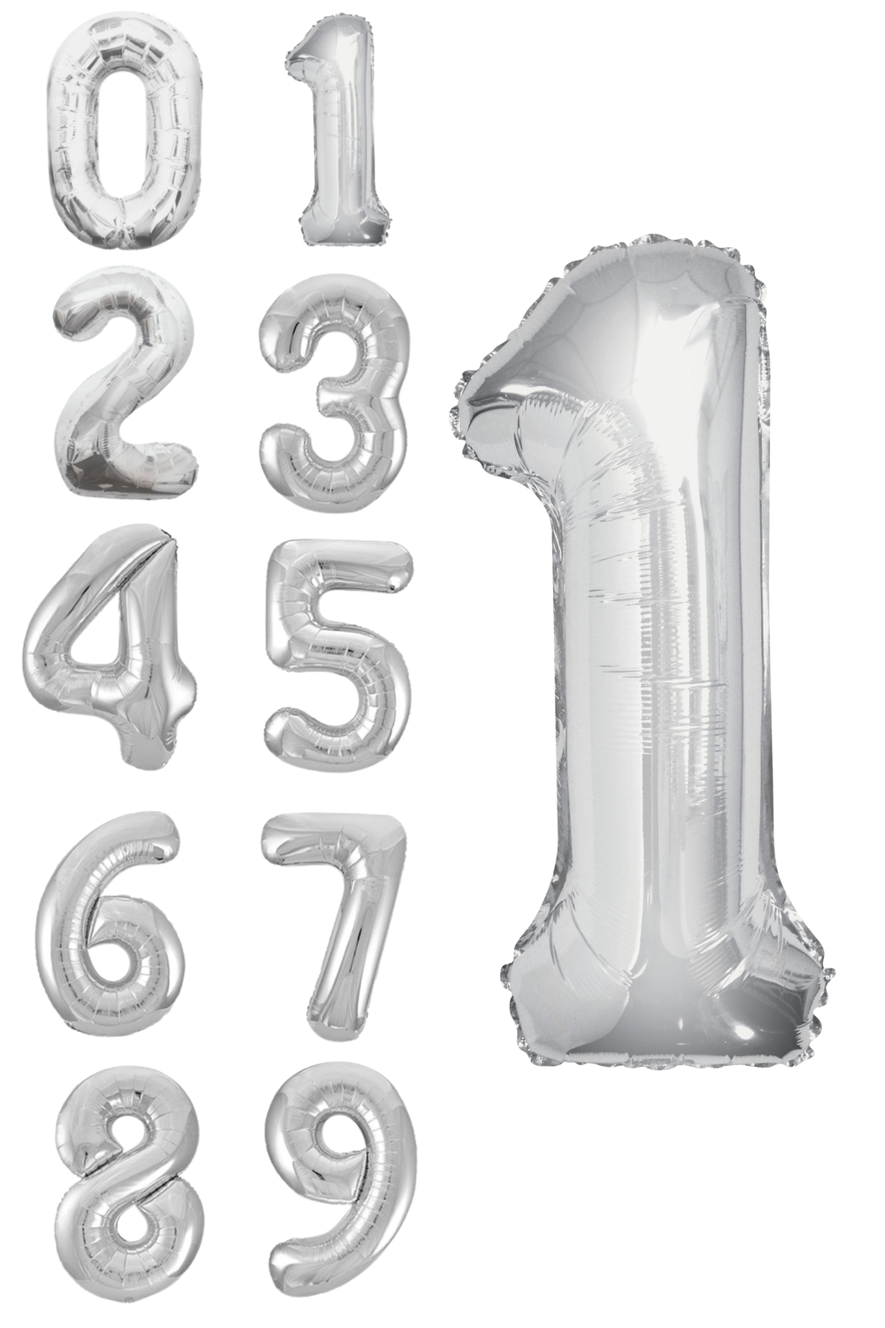 Set of silver number balloons on a white background