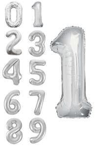 Set of silver number balloons on a white background