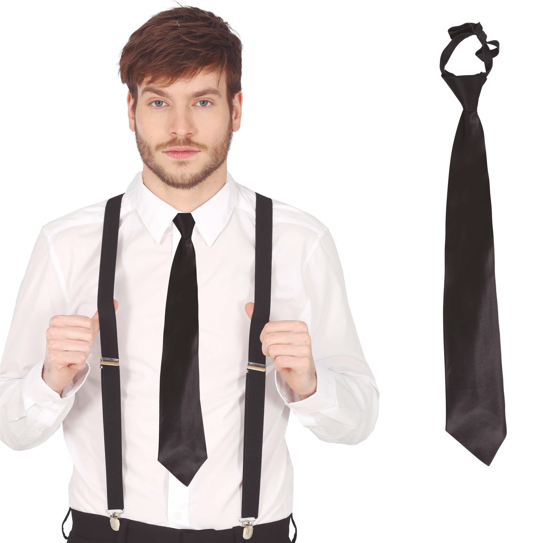 Man wearing suspenders and a black tie with an additional black tie on a white background