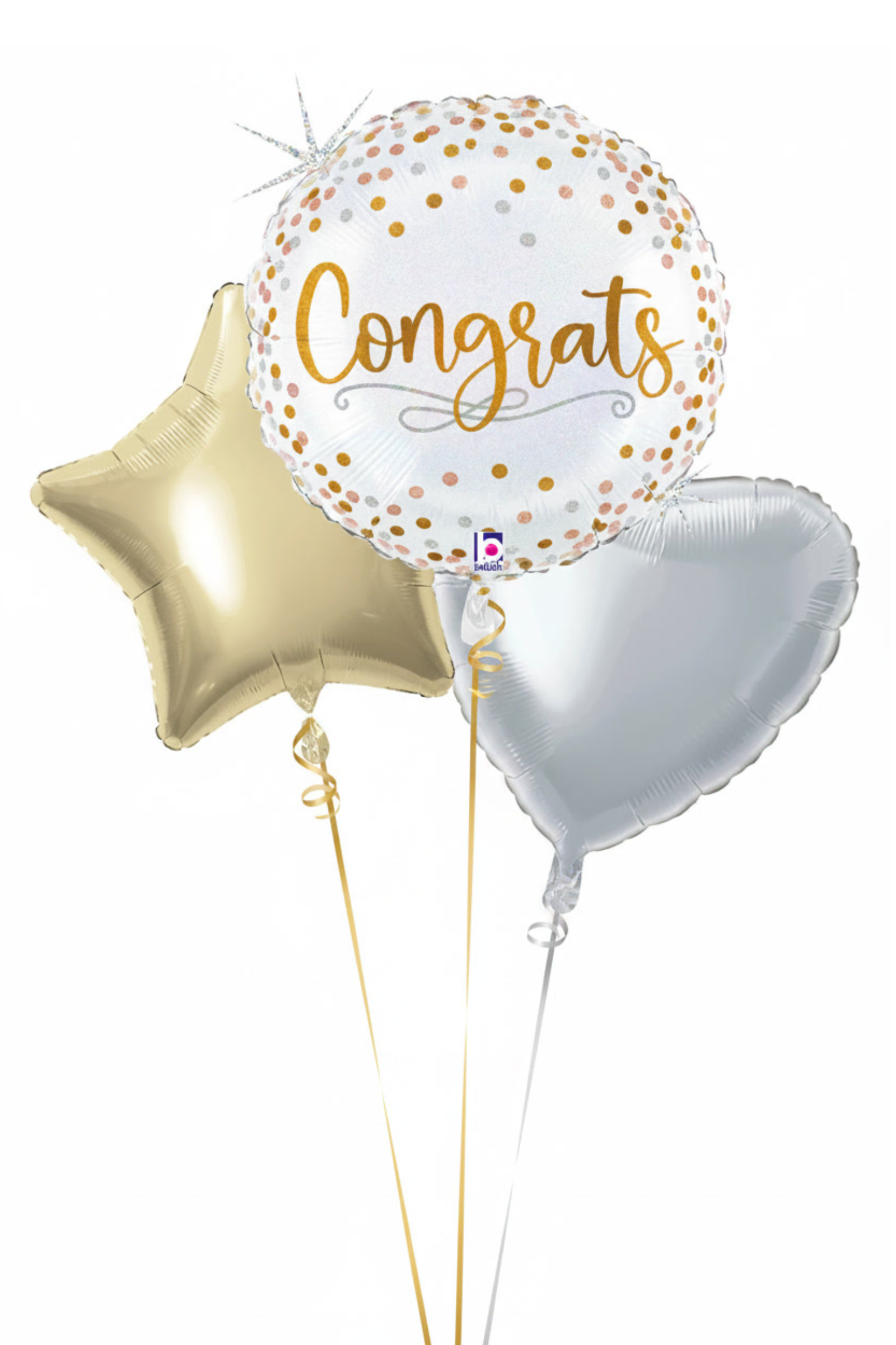 Three balloons: a gold star, a white bubble with 'Congrats', and a silver heart on a white background.
