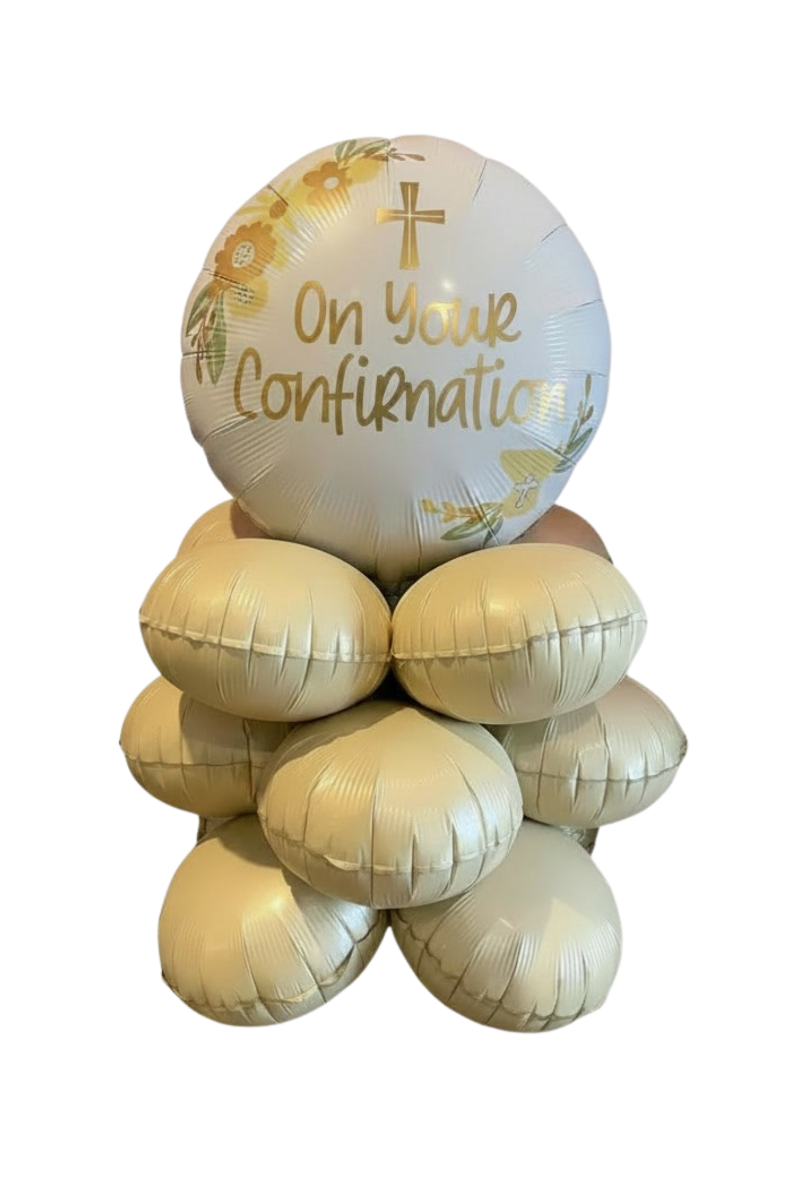 Balloon bouquet with 'On Your Confirmation' message on a white background