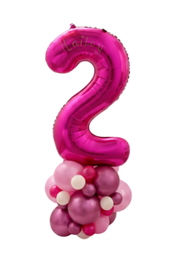 A metallic pink foil balloon shaped like the number 2, with the name 'Hailey' written on the upper curve, mounted above a cluster of pink, magenta, and white balloons on a plain white background.