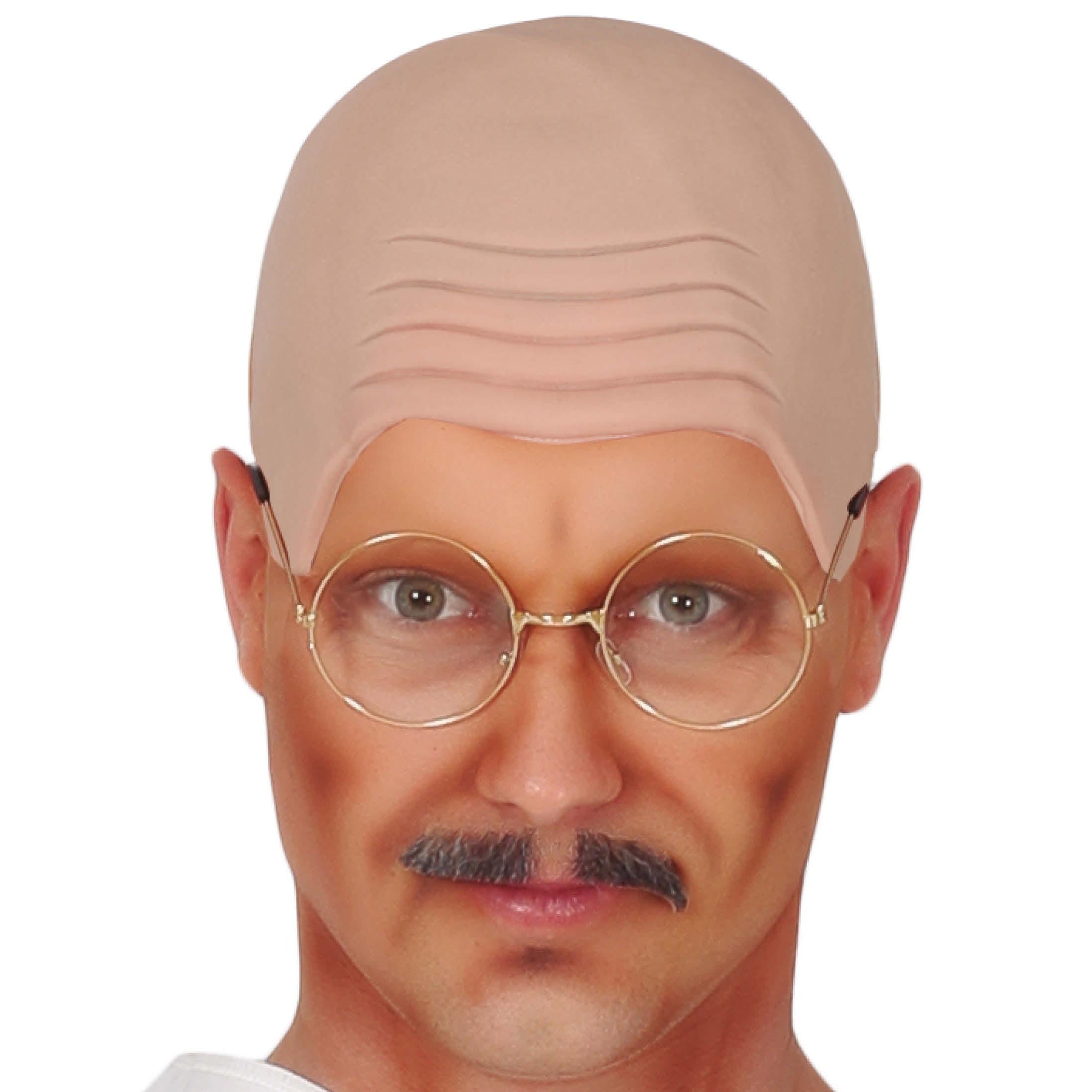 Mannequin head with a bald cap and round glasses on a white background
