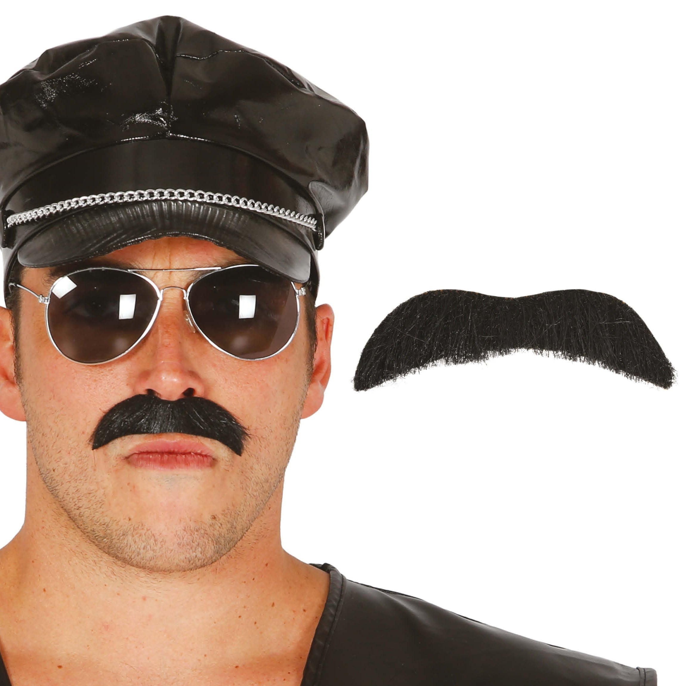 Man wearing a black leather cap and sunglasses with a fake mustache on a white background