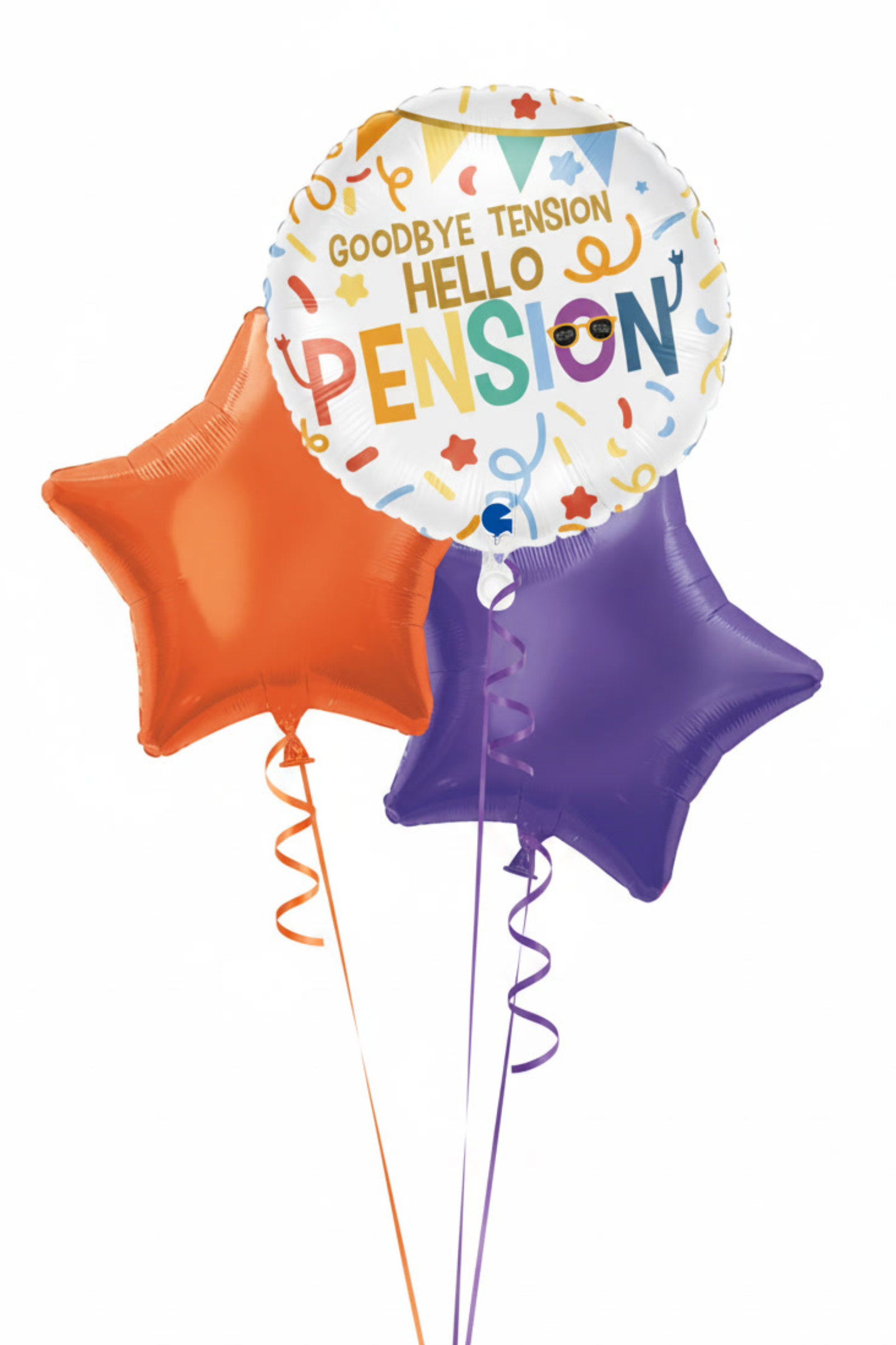 Three colorful balloons with 'Goodbye Tension Hello Pension' text on a white background