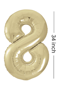 Gold number 8 balloon with a measurement label indicating it is 34 inches tall on a white background.
