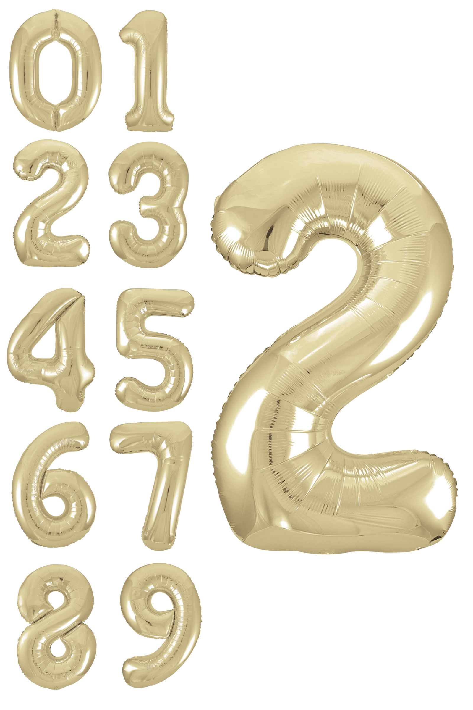Gold number balloons from 0 to 9 on a white background