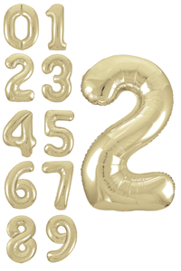 Gold number balloons from 0 to 9 on a white background
