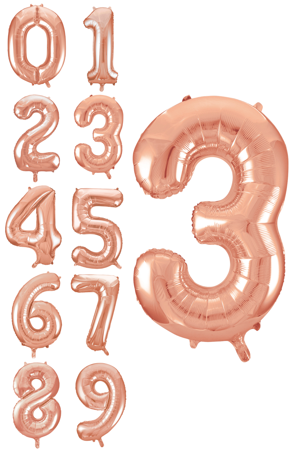 Rose gold number balloons 0-9 on a white background